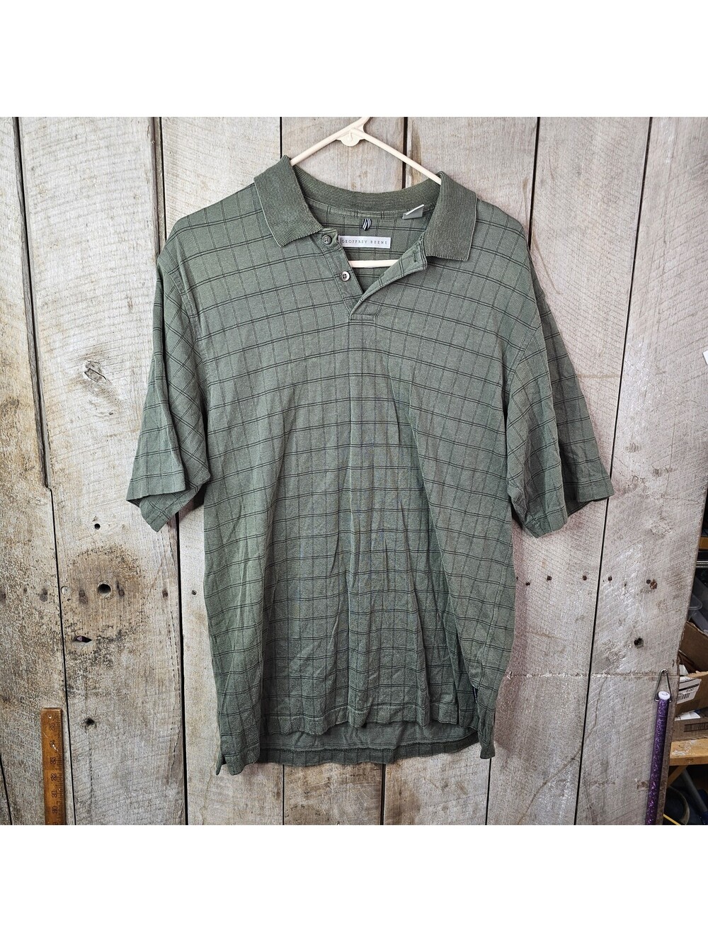 Geoffrey Beene Men's Medium Olive Green Plaid Grid Polo Shirt Cotton Blend